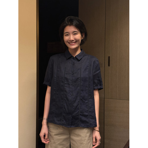 周浪清藏青色亞麻短袖襯衫女夏季2025新款小個子休閒寬松薄款襯衣