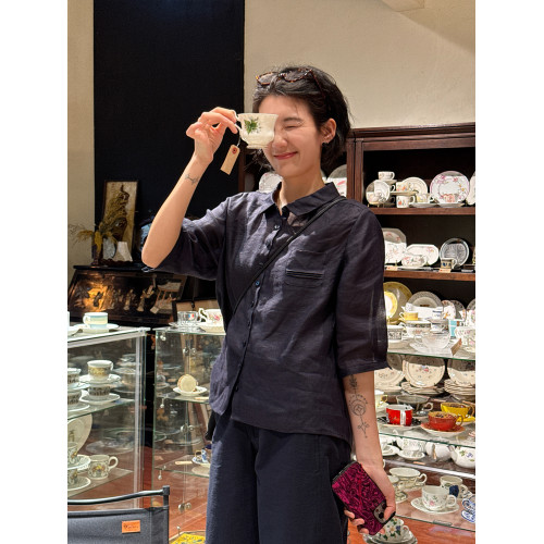 周浪清藏青色短袖苧麻襯衫女款2025新款夏季薄款襯衣休閒寬松上衣