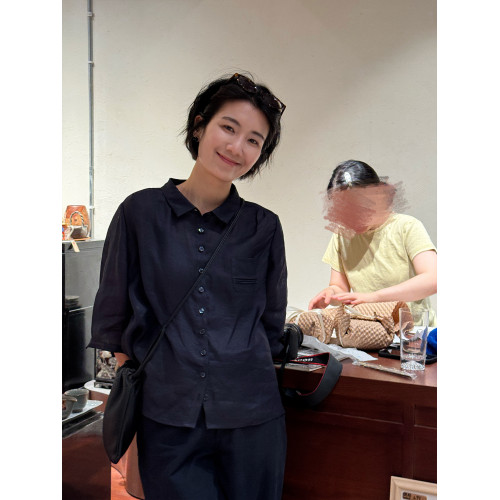 周浪清藏青色短袖苧麻襯衫女款2025新款夏季薄款襯衣休閒寬松上衣