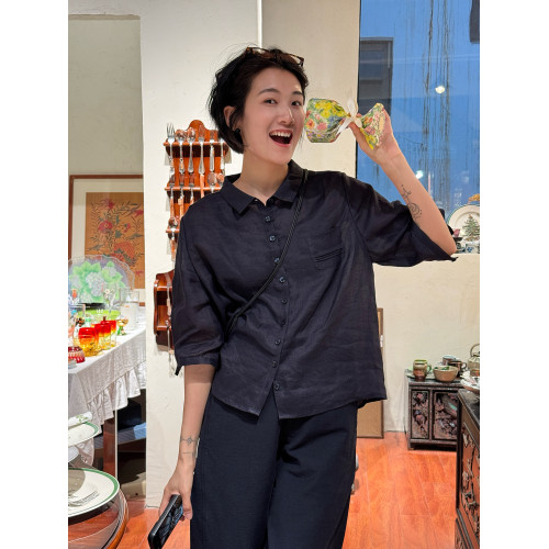 周浪清藏青色短袖苧麻襯衫女款2025新款夏季薄款襯衣休閒寬松上衣