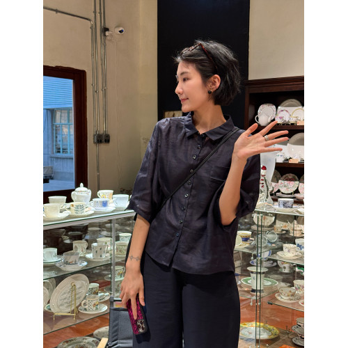 周浪清藏青色短袖苧麻襯衫女款2025新款夏季薄款襯衣休閒寬松上衣