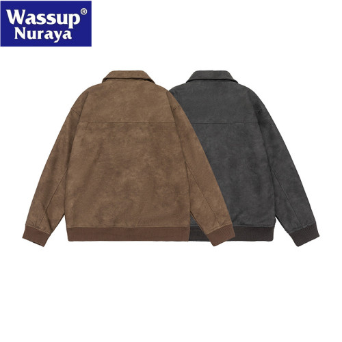 WASSUP Nuraya潮牌復古夾克男秋冬PU皮純色痞帥機車風皮做舊外套