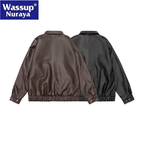 WASSUP Nuraya潮牌機車風皮夾克男春秋新款PU皮純色痞帥外套上衣