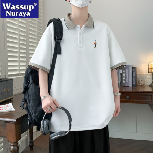 WASSUP NURAYA刺綉短袖polo衫男夏季半袖大碼寬松青年學生翻領t恤