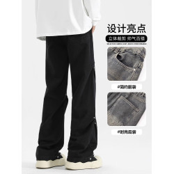男士牛仔褲2025春季新款美式高街鉚釘褶皺男士潮牌寬松長褲