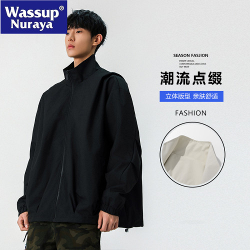 WASSUP NURAYA春秋新款立領夾克男休閒工裝青年學生防風純色外套
