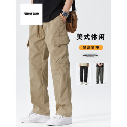 潮牌美式寬松直筒休閒褲男士春秋季工裝褲新款濶腿長褲男