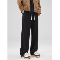 高級感杏色男士休閒褲寬鬆直筒2025春季季新款松緊抽繩垂感濶腿褲