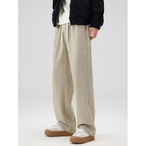 高級感杏色男士休閒褲寬鬆直筒2025春季季新款松緊抽繩垂感濶腿褲