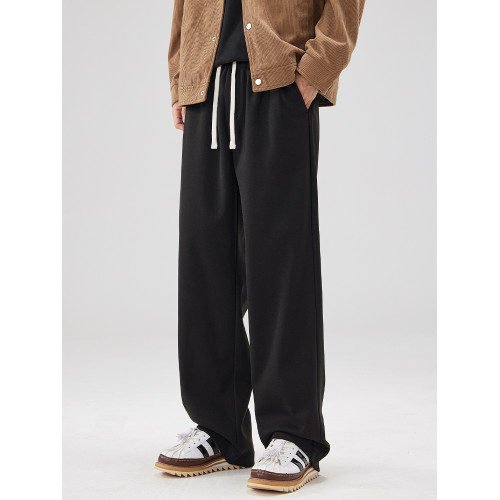 高級感杏色男士休閒褲寬鬆直筒2025春季季新款松緊抽繩垂感濶腿褲