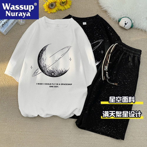 WASSUP NURAYA滿天星套裝男女夏季薄款短袖t恤寬松短褲休閒運動服