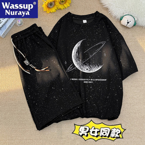 WASSUP NURAYA滿天星套裝男女夏季薄款短袖t恤寬松短褲休閒運動服