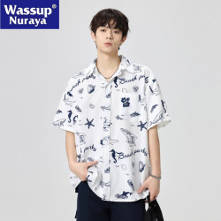 WASSUP NURAYA沙灘襯衫男夏冰絲薄款海邊度假花襯衣痞帥青年短袖