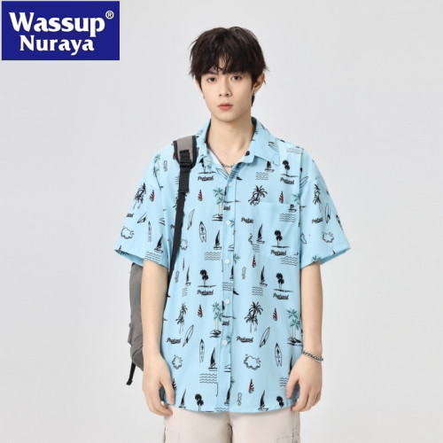 WASSUP NURAYA沙灘襯衫男夏冰絲薄款海邊度假花襯衣痞帥青年短袖