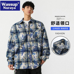 WASSUP NURAYA紥染格子翻領襯衫男長袖春秋格紋襯衣百搭休閒外套