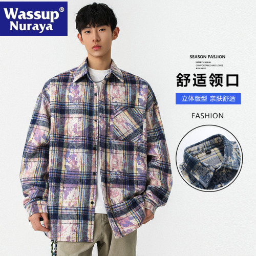 WASSUP NURAYA紥染格子翻領襯衫男長袖春秋格紋襯衣百搭休閒外套