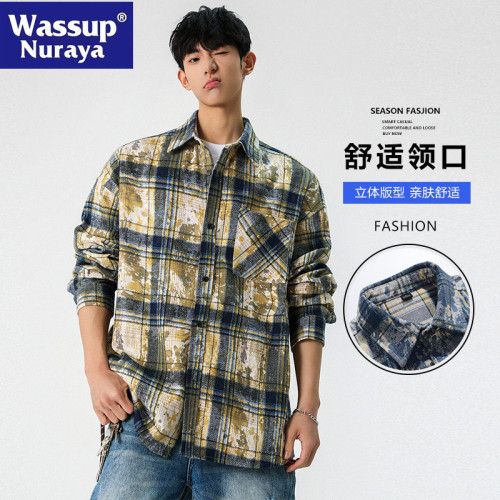 WASSUP NURAYA紥染格子翻領襯衫男長袖春秋格紋襯衣百搭休閒外套