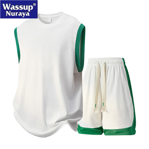 WASSUP Nuraya潮牌運動套裝男夏休閒冰絲無袖T恤短褲兩件套籃球服