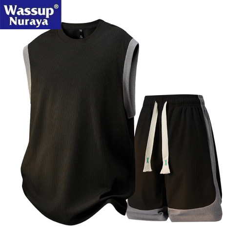 WASSUP Nuraya潮牌運動套裝男夏休閒冰絲無袖T恤短褲兩件套籃球服