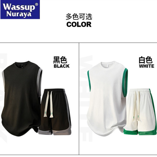 WASSUP Nuraya潮牌運動套裝男夏休閒冰絲無袖T恤短褲兩件套籃球服