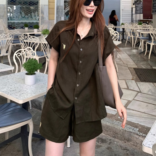 極簡老錢風刺綉亞麻襯衣套裝女2025夏新簡約襯衫+休閒短褲一整套