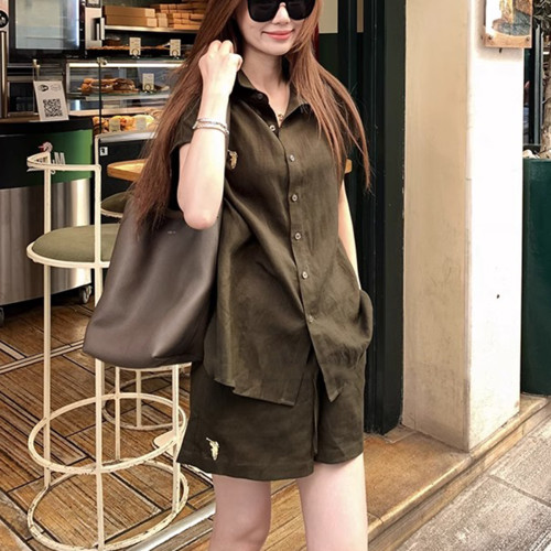 極簡老錢風刺綉亞麻襯衣套裝女2025夏新簡約襯衫+休閒短褲一整套