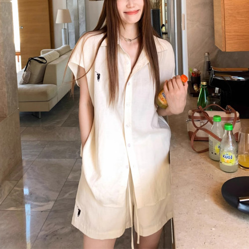 極簡老錢風刺綉亞麻襯衣套裝女2025夏新簡約襯衫+休閒短褲一整套
