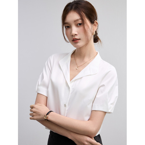 白色短袖襯衫女法式西裝領夏季設計感小衆職業裝襯衣夏款通勤上衣