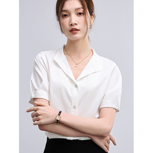白色短袖襯衫女法式西裝領夏季設計感小衆職業裝襯衣夏款通勤上衣