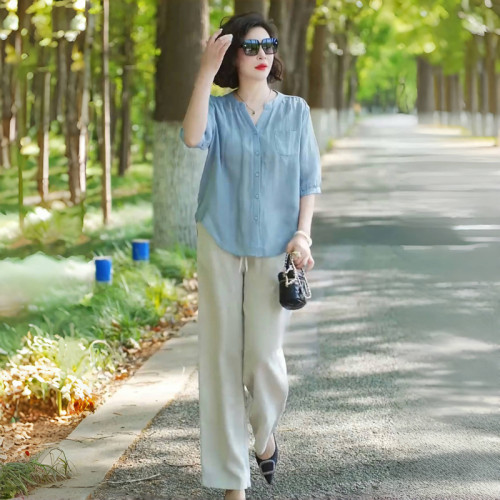 亞麻襯衫時尚套裝女夏季新款休閒媽媽裝棉麻中袖上衣濶腿褲兩件套