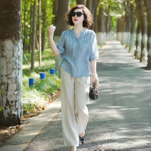 亞麻襯衫時尚套裝女夏季新款休閒媽媽裝棉麻中袖上衣濶腿褲兩件套