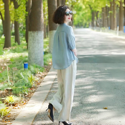 亞麻襯衫時尚套裝女夏季新款休閒媽媽裝棉麻中袖上衣濶腿褲兩件套