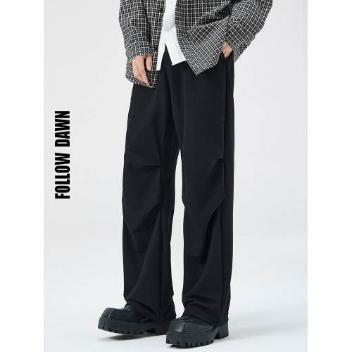 黑色直筒休閒褲子男秋季濶腿寬鬆直筒垂感美式傘兵褲西裝褲