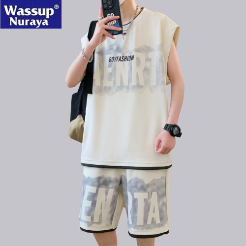 WASSUP NURAYA冰絲潮男休閒運動套裝無袖T恤背心夏季短袖短褲一套