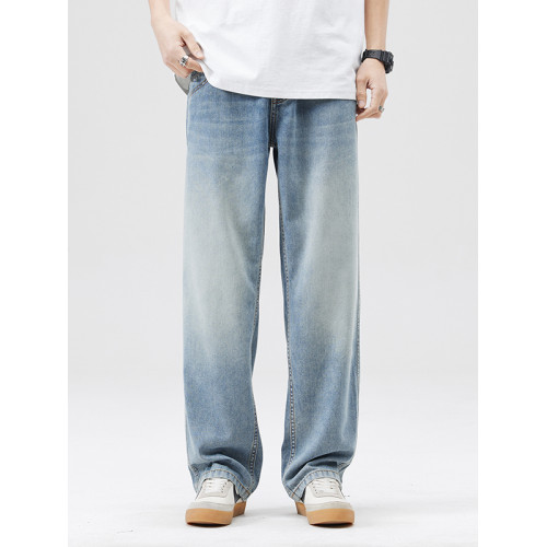 2025春夏季薄款萊賽爾天絲牛仔褲男美式高街潮牌直筒寬鬆濶腿垂感