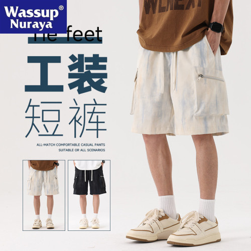 WASSUP NURAYA紥染工裝短褲男夏薄款寬松運動褲設計感高街五分褲