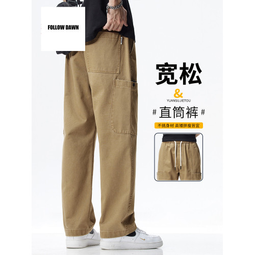 伐木工裝褲男士純棉直筒寬松潮牌多口袋濶腿休閒褲子春秋