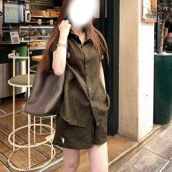 極簡老錢風刺綉亞麻襯衣套裝女2025夏季簡約襯衫+休閒短褲一整套