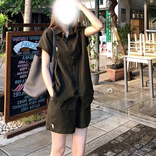極簡老錢風刺綉亞麻襯衣套裝女2025夏季簡約襯衫+休閒短褲一整套