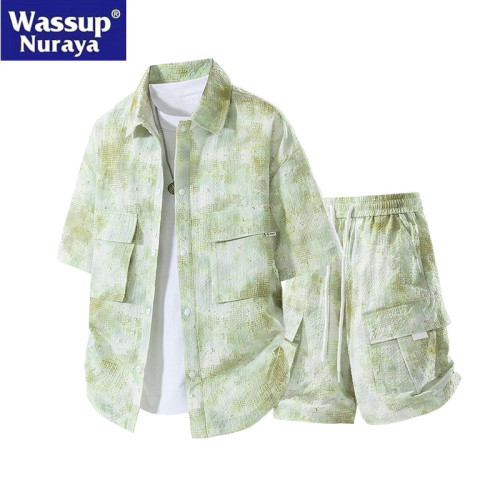 WASSUP Nuraya潮牌冰絲紥染襯衫一整套夏速乾短袖短褲休閒套裝男