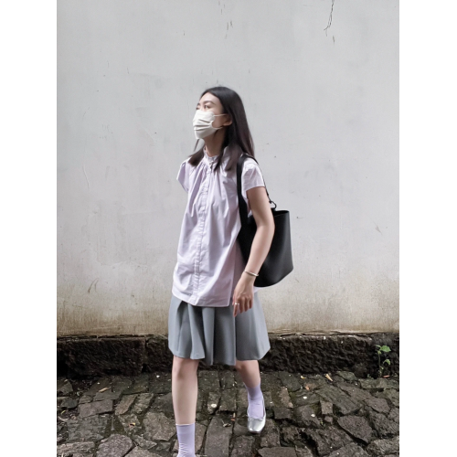 日系通勤立領小飛袖紫色襯衫女夏季新款溫柔氣質簡約休閒百搭上衣