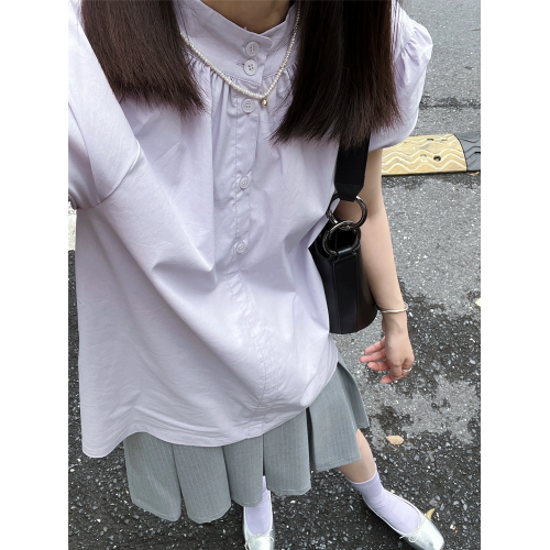 日系通勤立領小飛袖紫色襯衫女夏季新款溫柔氣質簡約休閒百搭上衣