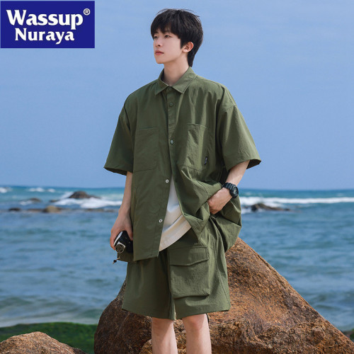 WASSUP NURAYA短袖工裝襯衫男日系夏季寬鬆短褲休閒襯衣兩件套裝