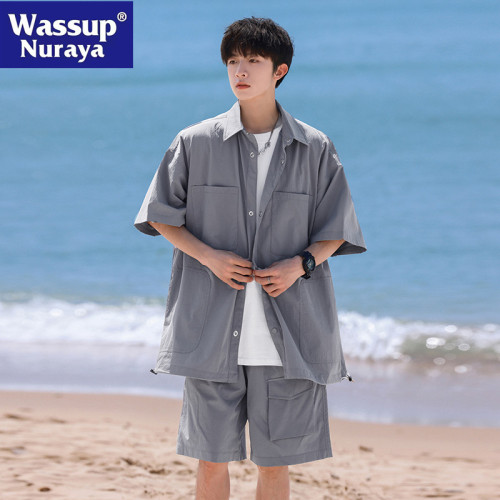 WASSUP NURAYA短袖工裝襯衫男日系夏季寬鬆短褲休閒襯衣兩件套裝