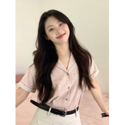 髒粉色日系文藝風古巴領條紋短袖襯衫女夏季寬松半袖好看襯衣上衣