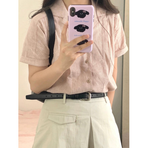 髒粉色日系文藝風古巴領條紋短袖襯衫女夏季寬松半袖好看襯衣上衣
