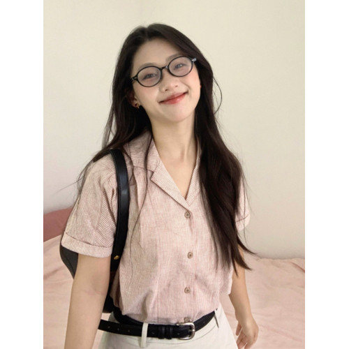 髒粉色日系文藝風古巴領條紋短袖襯衫女夏季寬松半袖好看襯衣上衣