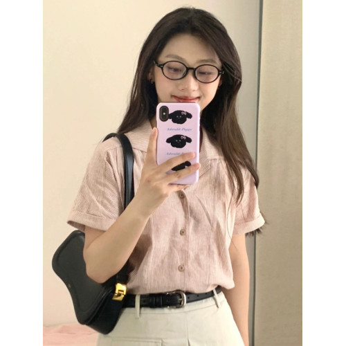 髒粉色日系文藝風古巴領條紋短袖襯衫女夏季寬松半袖好看襯衣上衣