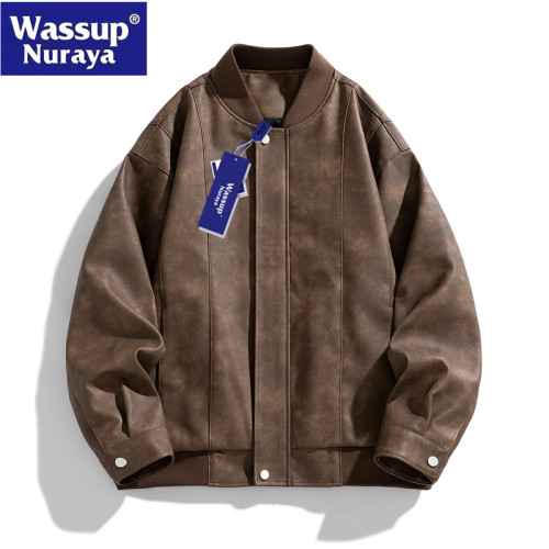 WASSUP Nuraya潮牌皮衣男秋季寬松痞帥棒球服外套復古飛行員夾克 WASSUP Nuraya潮牌皮衣男秋季寬松痞帥棒球服外套復古飛行員夾克