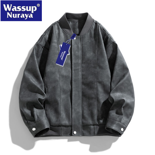 WASSUP Nuraya潮牌皮衣男秋季寬松痞帥棒球服外套復古飛行員夾克 WASSUP Nuraya潮牌皮衣男秋季寬松痞帥棒球服外套復古飛行員夾克